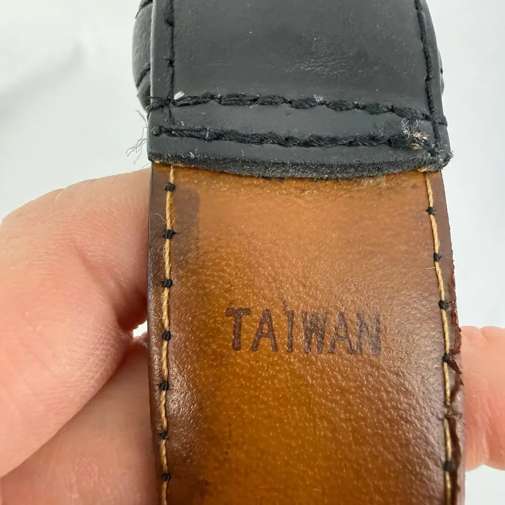 Black Genuine Leather Belt Size 38 Silver Tone Buckle Distressed